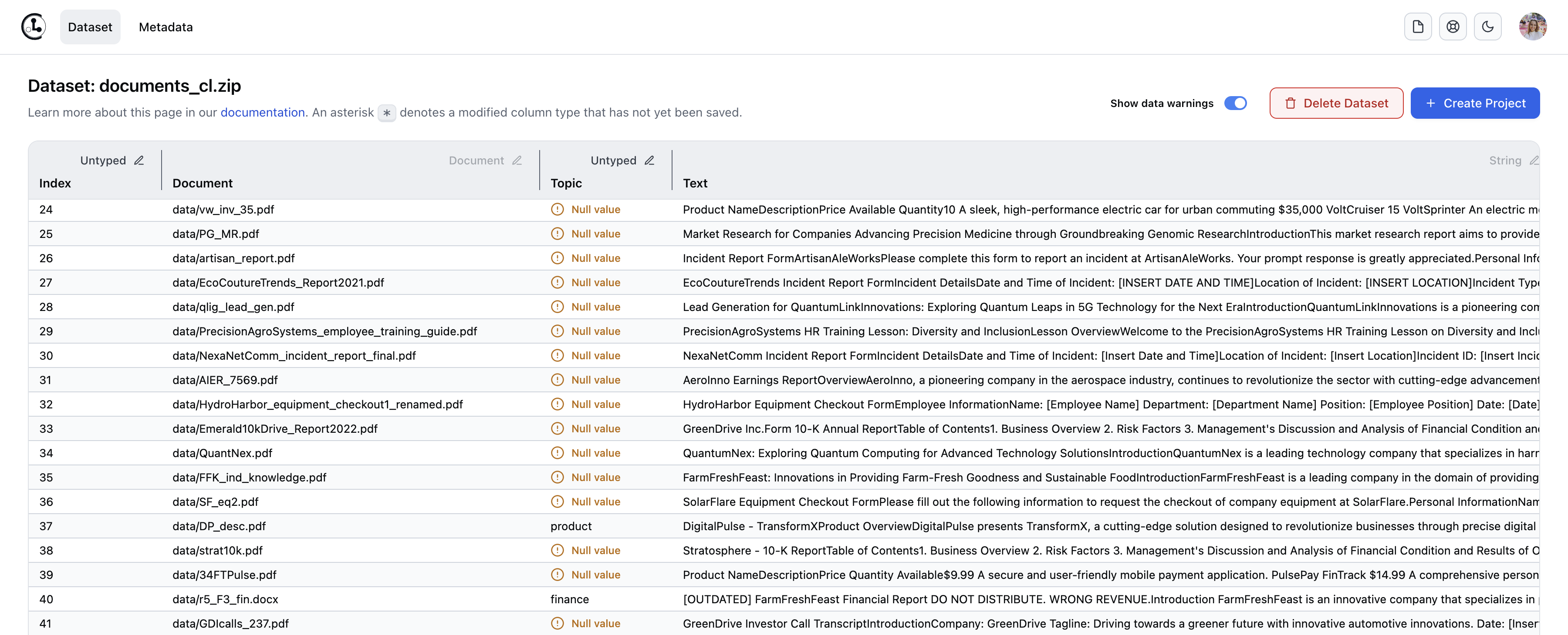 Loaded document dataset as text dataset