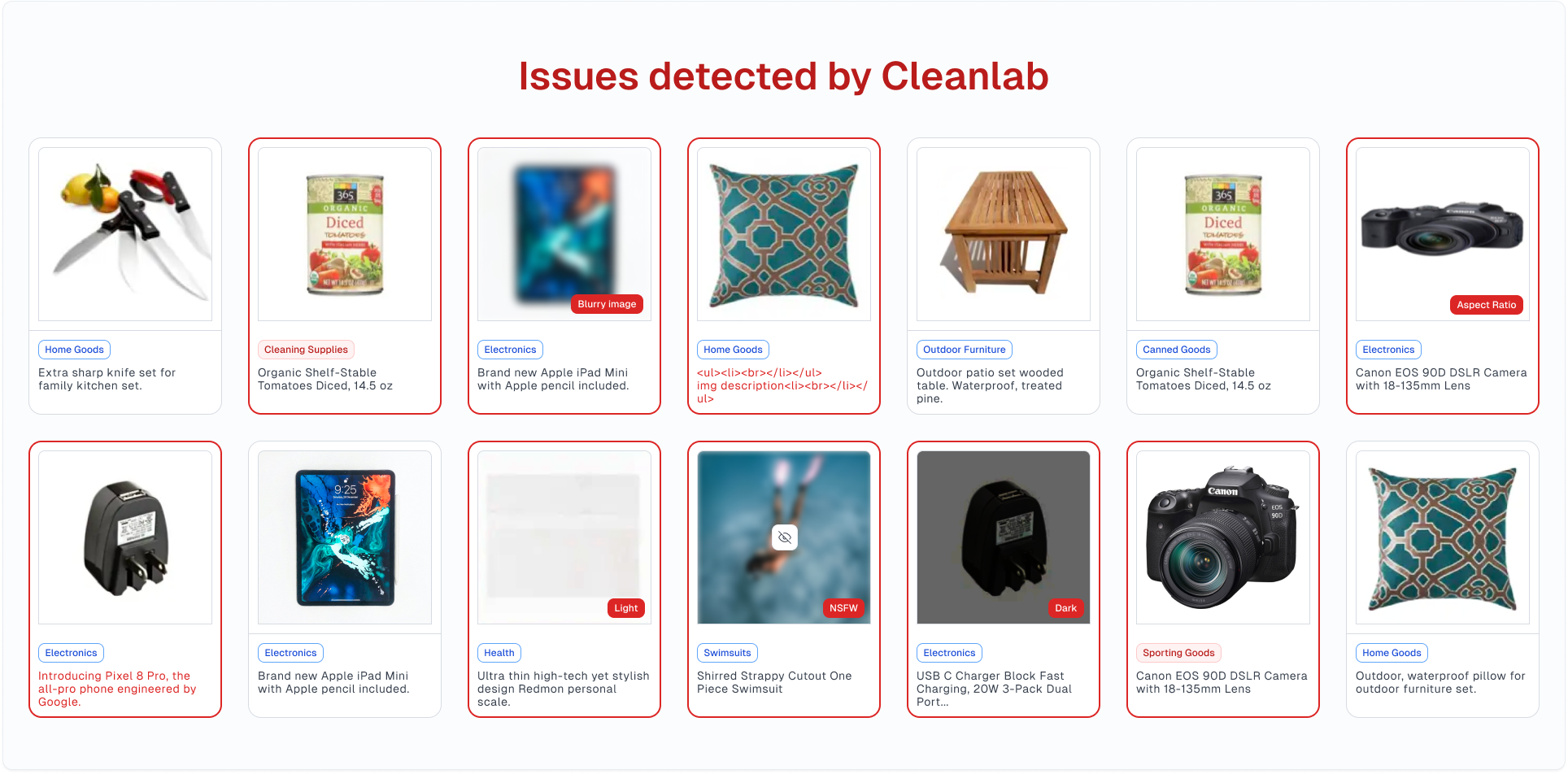Issues detected in a product catalog