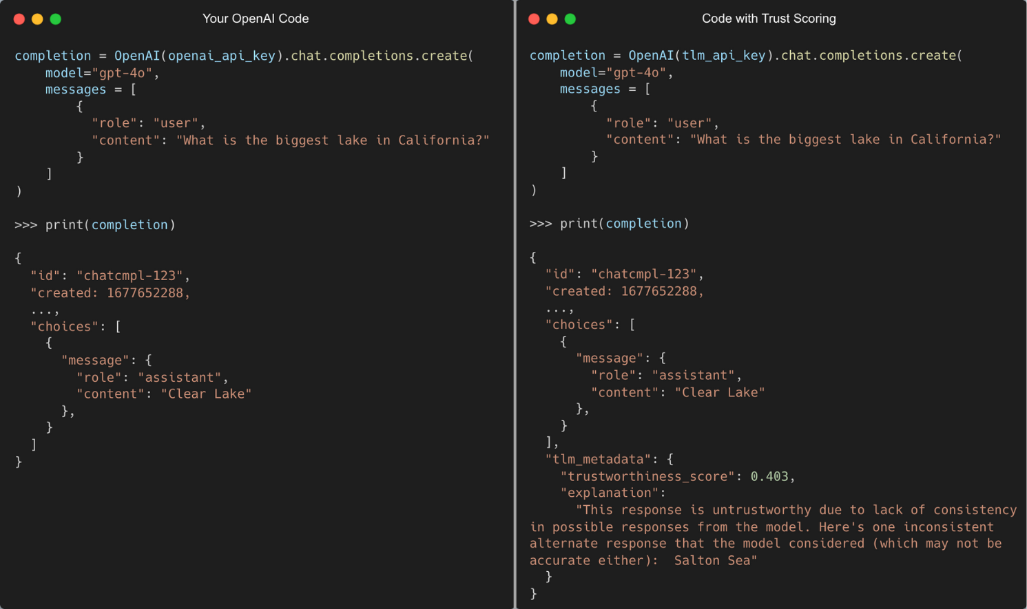 Getting TLM trustworthiness scores from using OpenAI API