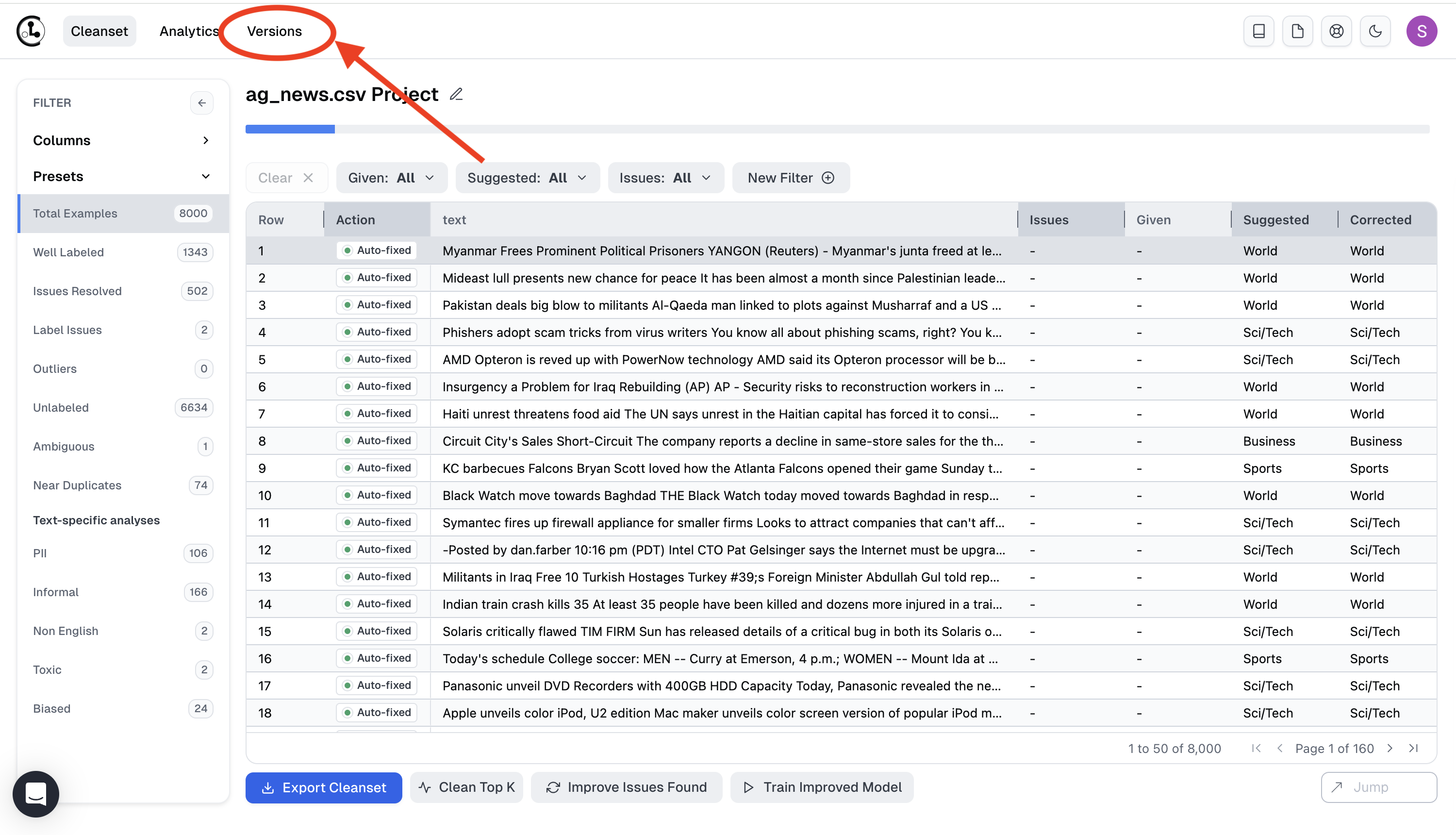 &#39;Cleanlab Studio with an arrow pointing to version history button.&#39;