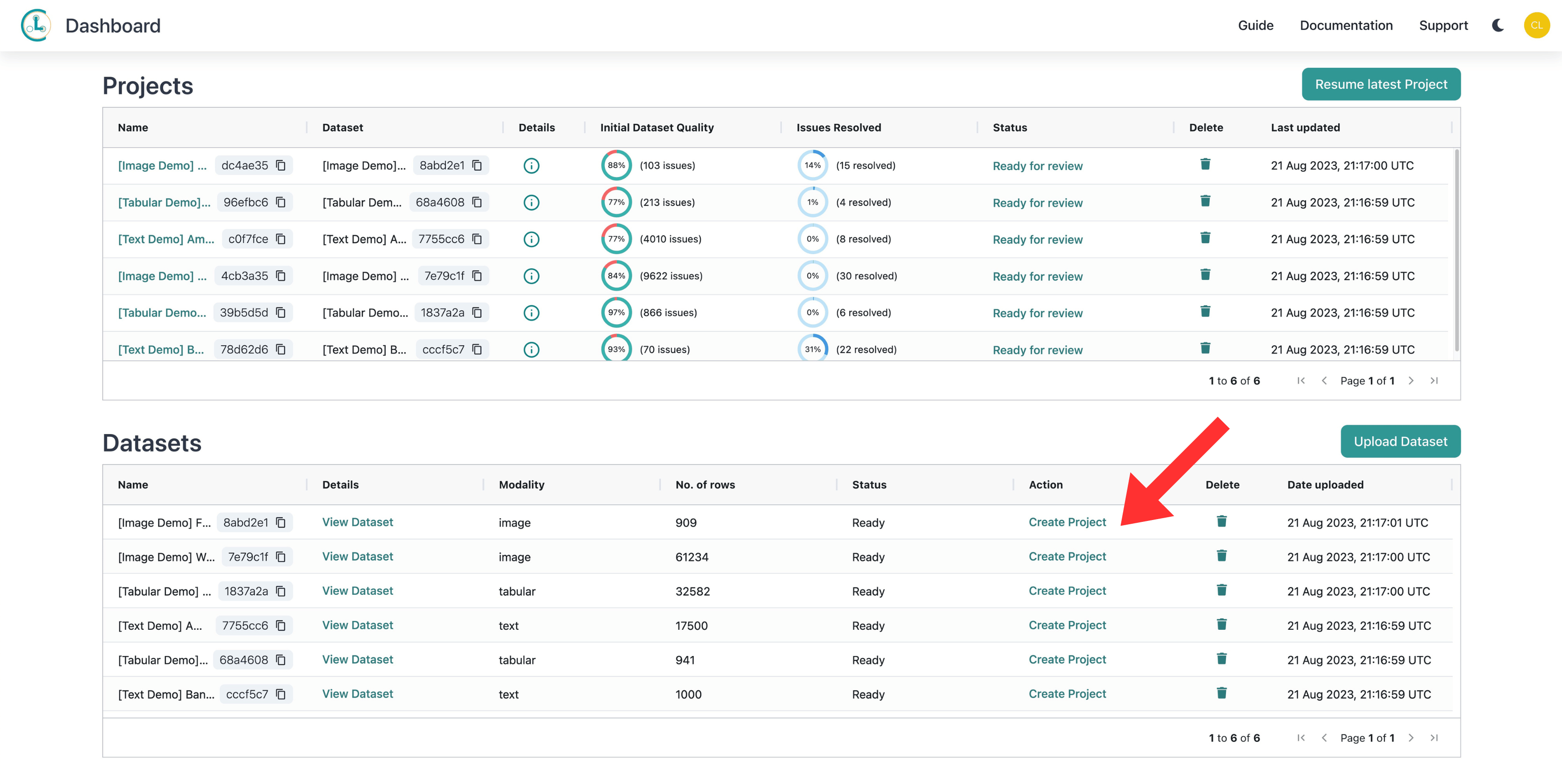 Dashboard with arrow to Create Project